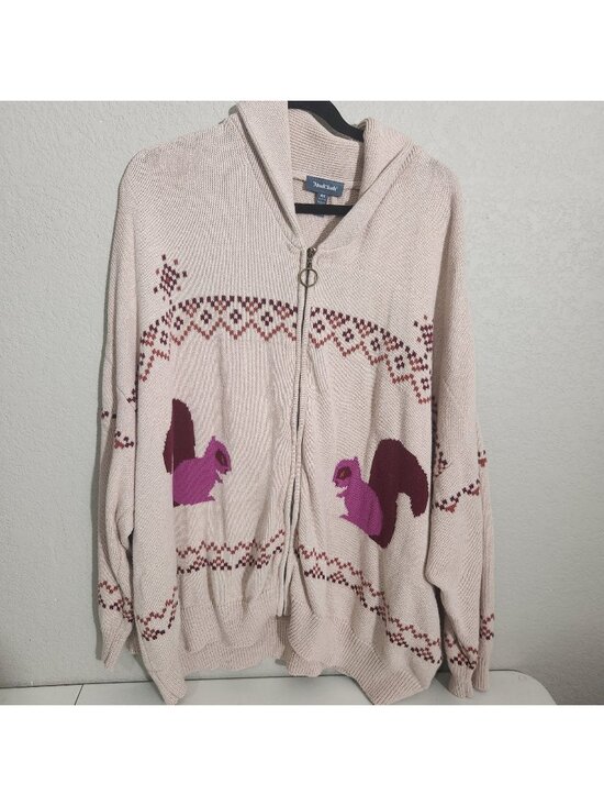 Modcloth Sweaters - ModCloth Cardigan Womens 4X Beige Hooded Squirrel Print Cotton